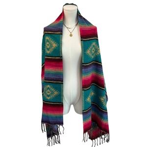 Southwest Serape Blanket Shawl Wrap Boho Western Aztec Fringe Scarf Teal Pink